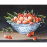 Julie Harris (b.1953), oil on panel, Still life of cherries in a delft bowl, signed, 20 x 25cm