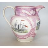 A large Sunderland pink lustre jug of The Iron Bridge, height 25cm