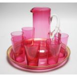 A cranberry glass lemonade six glass set, jug and tray