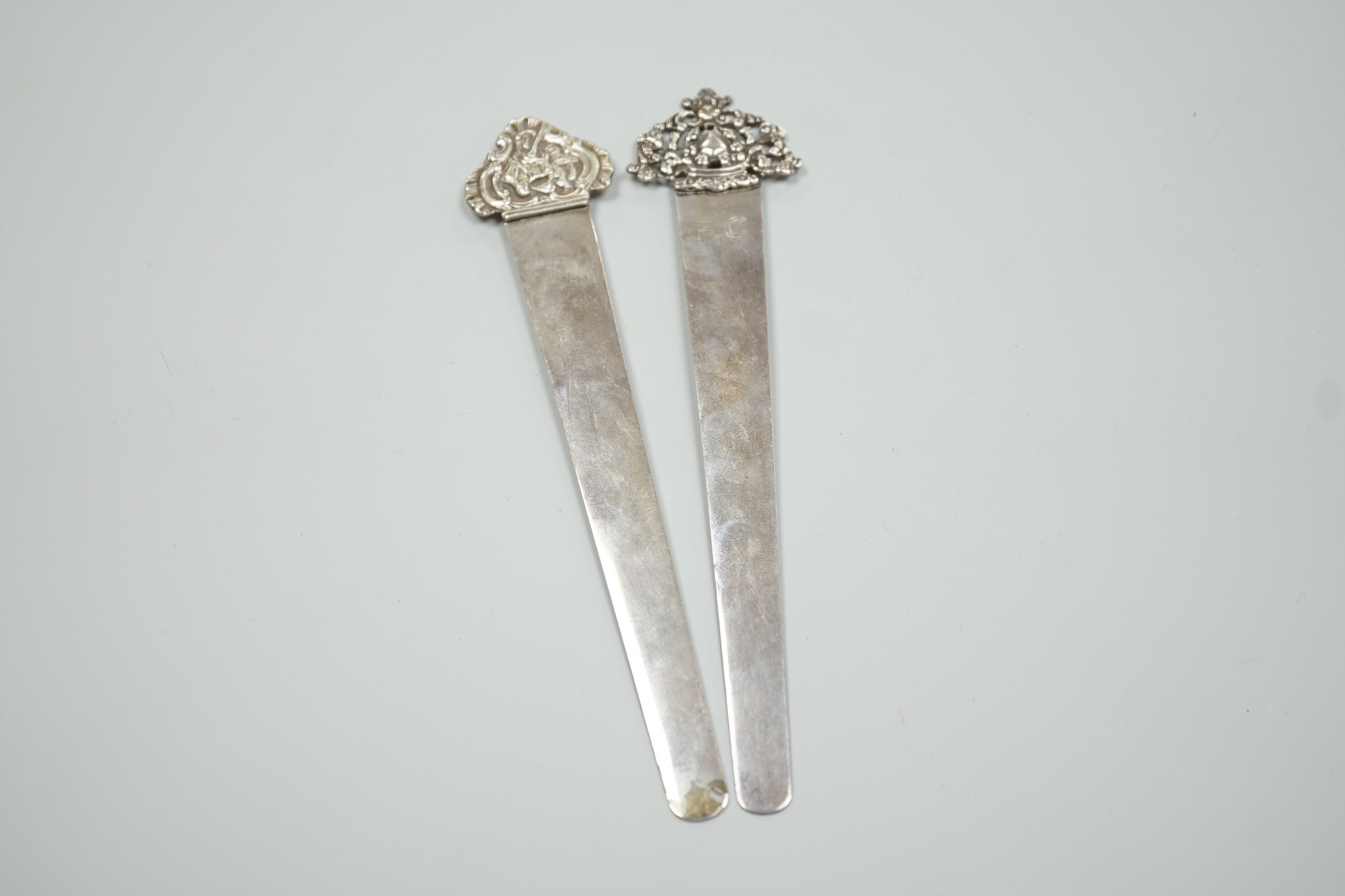 Two silver book marks by Stuart Clifford, London, 1897 and 1902, largest 17.9cm. - Image 2 of 5