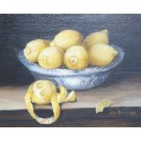 Julie Harris (b.1953), oil on panel, Still life of lemons in a delft bowl, signed and dated 1994, 24