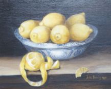 Julie Harris (b.1953), oil on panel, Still life of lemons in a delft bowl, signed and dated 1994, 24