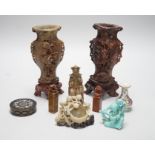 A group of Chinese soapstone carvings and seals, tallest 20cm
