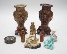 A group of Chinese soapstone carvings and seals, tallest 20cm