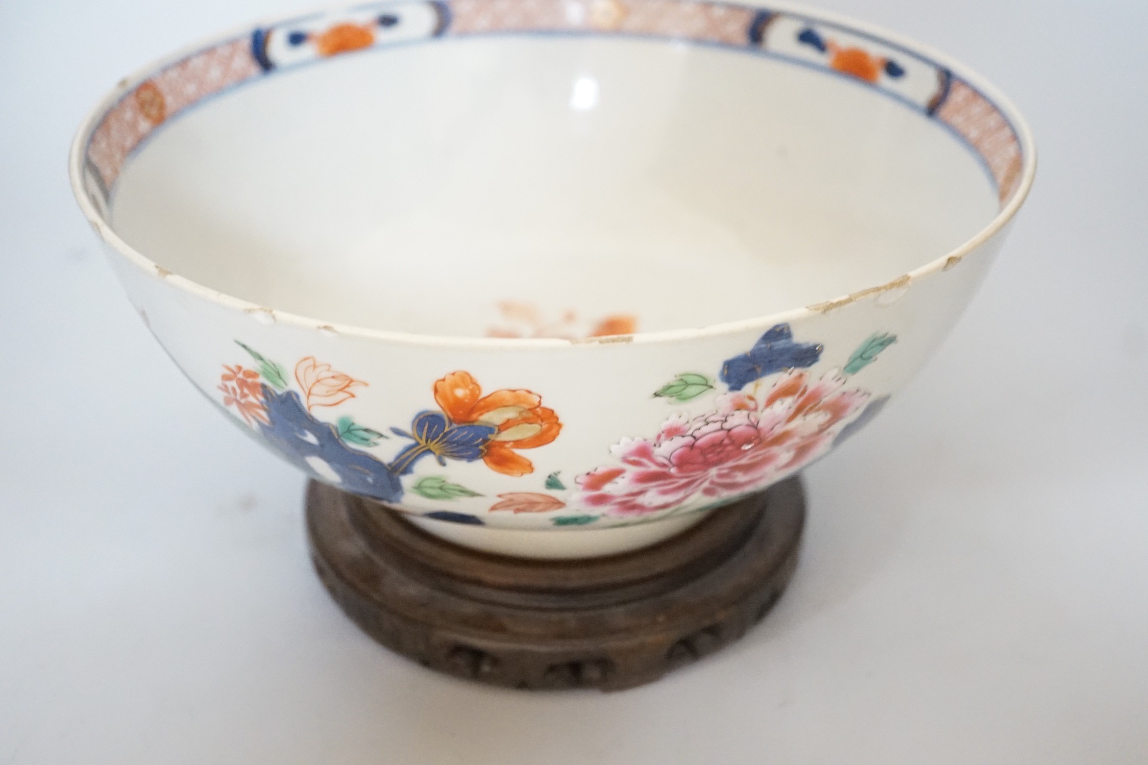 An 18th century Chinese famille rose bowl on wood stand, c.1740, diameter 26cm - Image 2 of 8