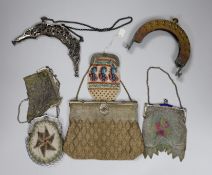 Two chain mail Edwardian handbags with enamelled frames, two 19th century beaded purses and a bag