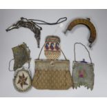 Two chain mail Edwardian handbags with enamelled frames, two 19th century beaded purses and a bag