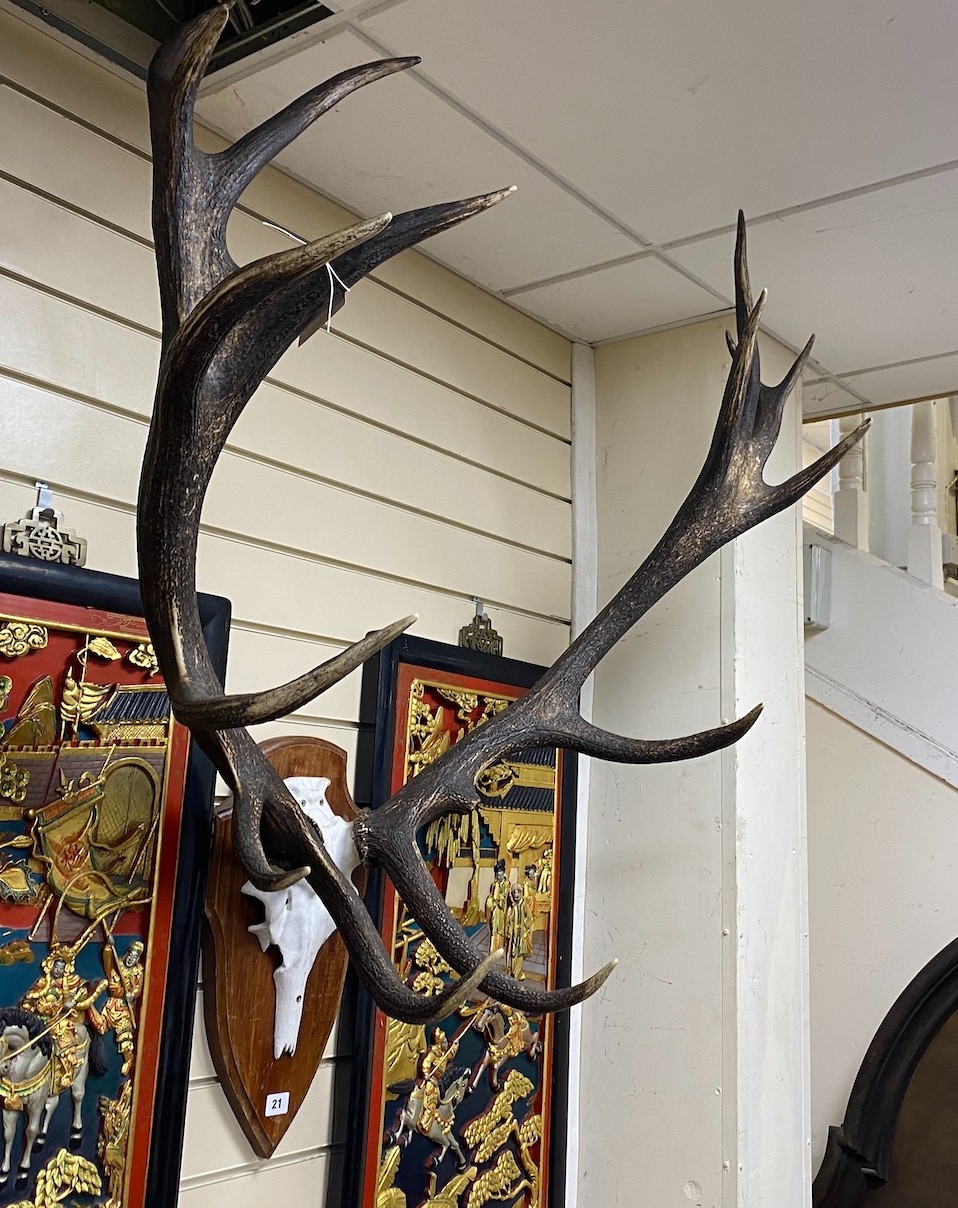 A faux stag horn and cast metal wall trophy, width 95cm, height 100cm - Image 2 of 2