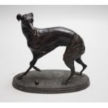After Pierre-Jules Mene, A bronze study of a whippet, signed to underside, 17cm wide, 15cm high