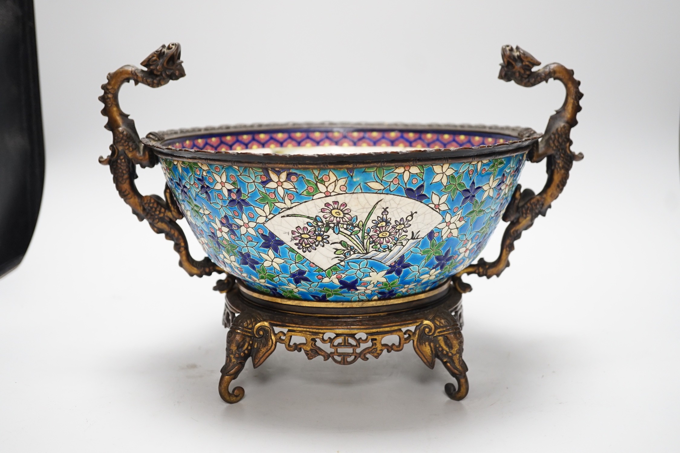 A 19th century French Longwy style ormolu mounted faience bowl on ornate dragon design stand, 23cm - Image 4 of 5