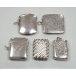 Five assorted late Victorian/Edwardian silver vesta cases, largest 46mm.