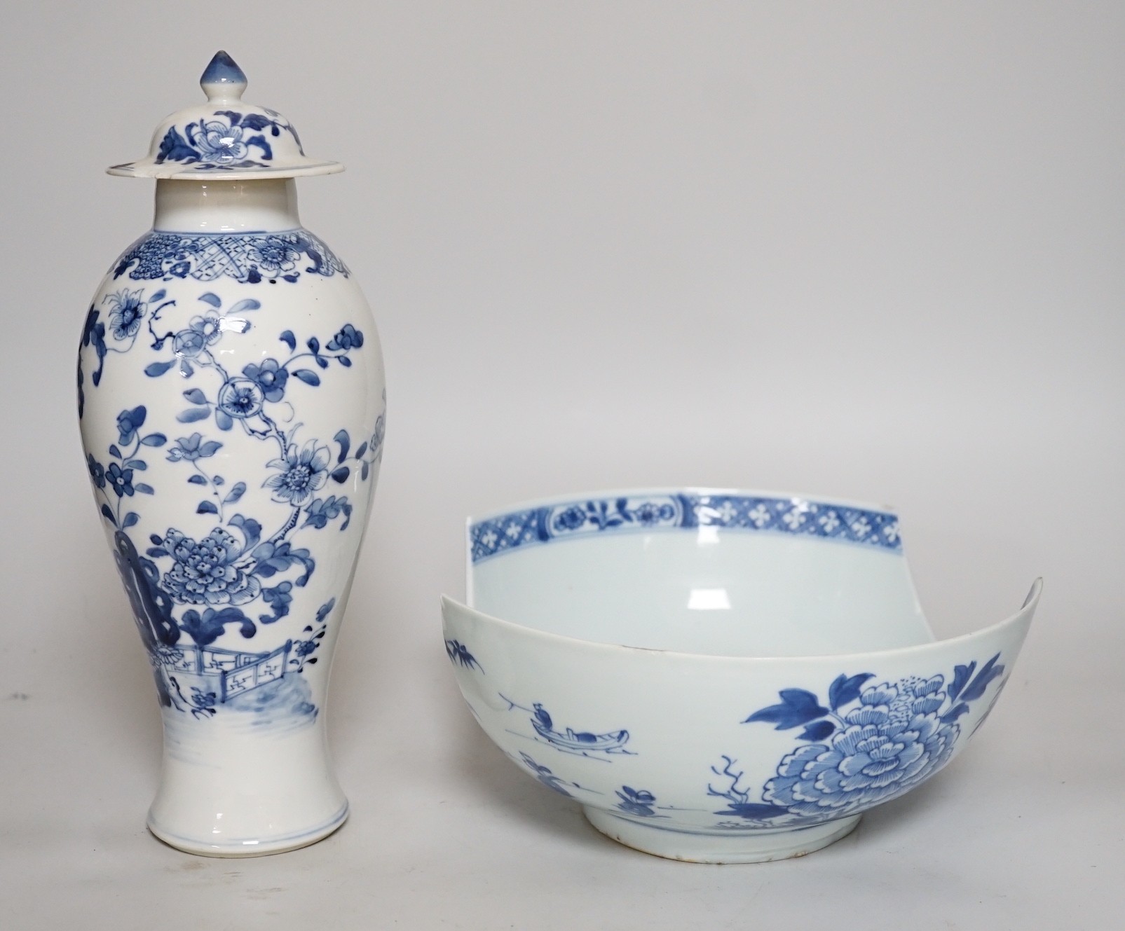 A Chinese blue and white bowl a/f and a similar vase, both Qianlong period, vase 28cm