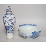 A Chinese blue and white bowl a/f and a similar vase, both Qianlong period, vase 28cm