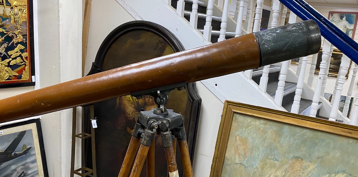 A Broadhurst Clarkson telescope with leather outer cover on folding tripod stand - Image 2 of 3