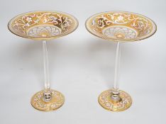 A fine pair of Bohemian enamelled glass tall pedestal bonbon dishes, probably Moser, late 19th