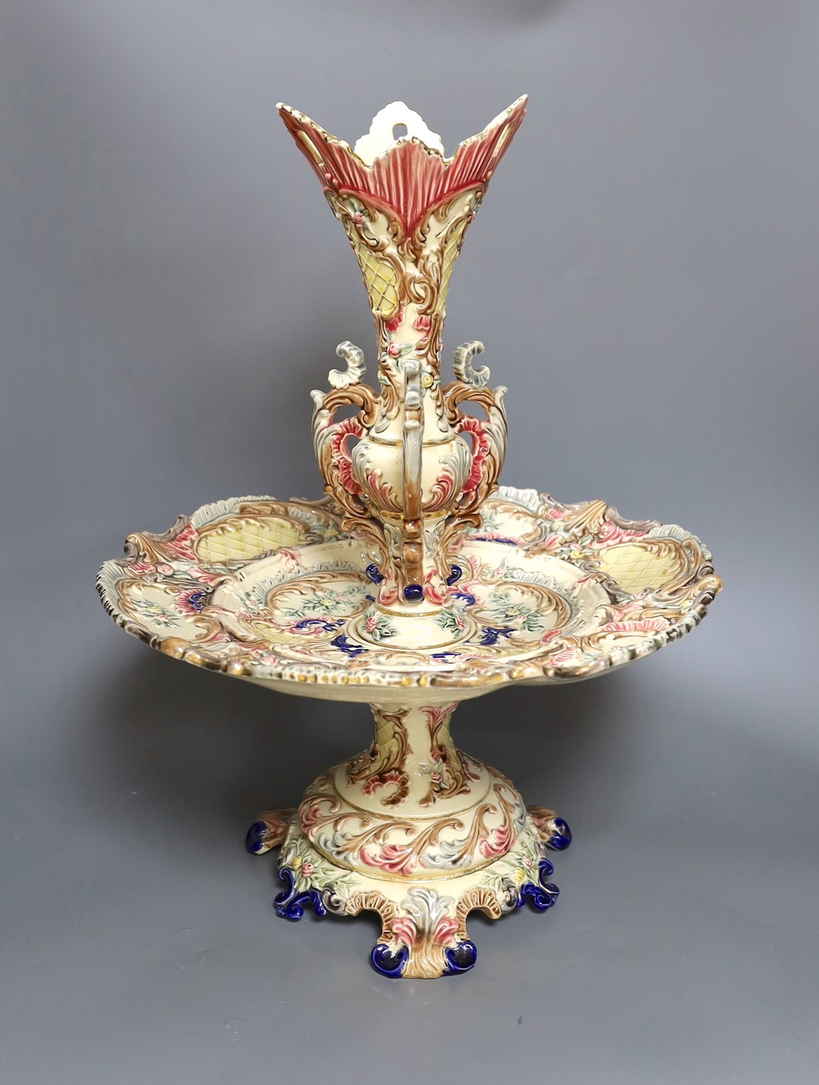 An Eichwald rococo style pottery centrepiece, 50cm