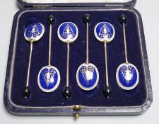 A cased set of six 1950's silver and two colour enamelled coffee spoons by Turner & Simpson.
