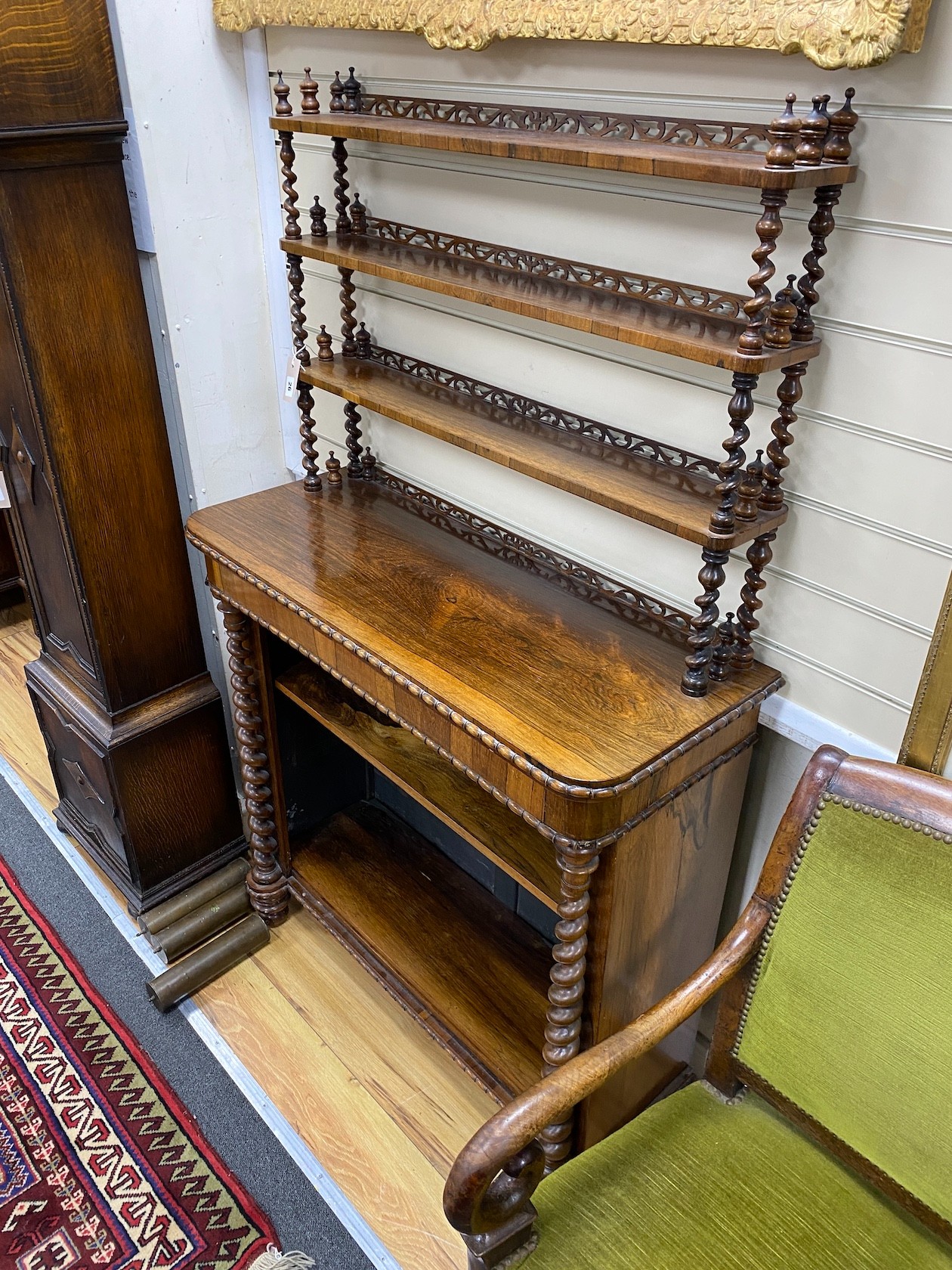 An early Victorian rosewood open bookcase with spiral turned fretwork superstructure, width 92cm, - Image 2 of 2