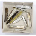 Five silver bladed mother of pearl fruit knives and seven various folding pocket knives (12)