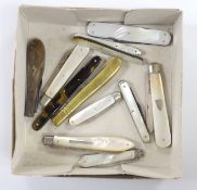 Five silver bladed mother of pearl fruit knives and seven various folding pocket knives (12)