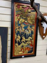 A pair of modern Chinese rectangular lacquered panels width 45cm, height 90cm