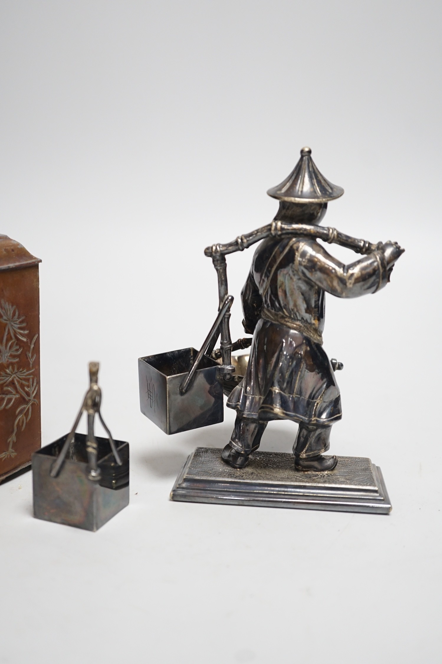 A Chinese pewter tea caddy and a Victorian plated figure of a Chinese basket seller, 16cm - Image 6 of 6