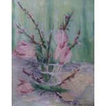 § § Basil Jonzen (1913-1967) Still life of Magnolia blossom in a glass vaseoil on canvassigned and