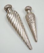 Two late Victorian silver teardrop shaped scent bottles, the largest by Horton & Allday, 15.6cm.