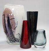 Four studio glass vases, to include Kaj Franck (1911-1989), for Nuutajärvi Notsj, a mid century blue