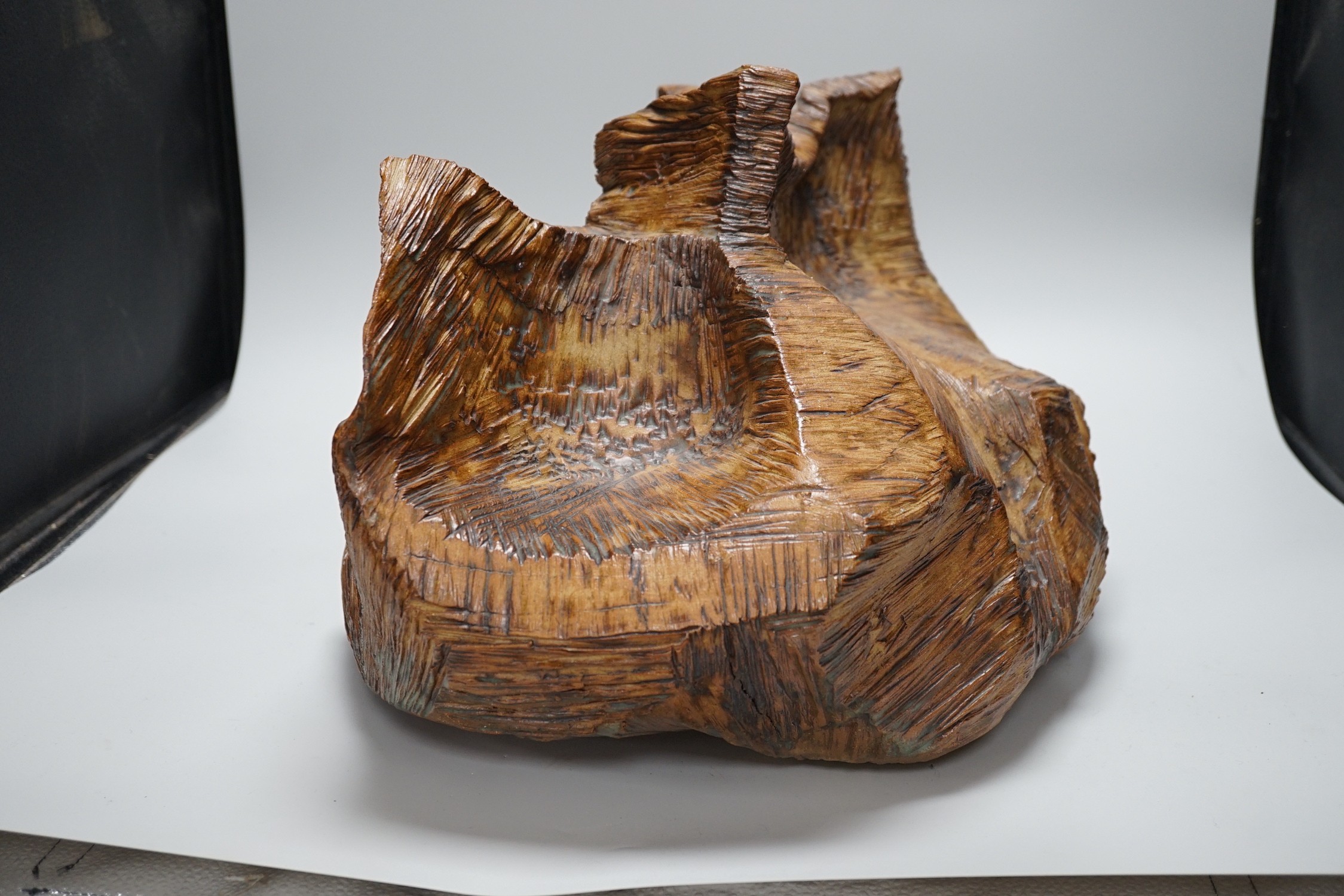 Ruth Sulke - a studio pottery copper-glaze abstract sculpture of a simulated hewn and chisled log, - Image 3 of 4