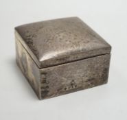 A late Victorian silver mounted square cigarette box, Mappin Bros, Birmingham, 1895, 89mm.