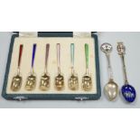 A cased set of six George V silver and polychrome enamel coffee spoons, Barker Bros. Silver Ltd,