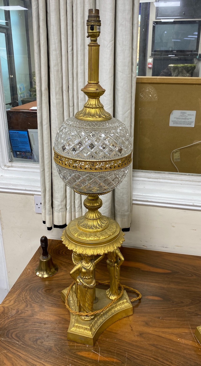 A pair of Victorian style gilt metal and glass table lamps with classical female figural bases, - Image 2 of 2