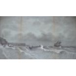 L.F. Brakeman, charcoal and chalk, Lifeboat and shipwreck at sea, signed, 40 x 67cm