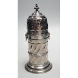 An Edwardian silver lighthouse sugar caster, with spiral body, by Nathan & Hayes, Chester, 1908,