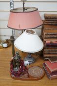 A Sheffield plated figural table lamp, a brass figural ‘Pierrot’ table lamp and An Eastern brass