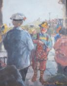 Sheila Turner (b.1941), oil on board, Clown and other figures at a funfair, signed, 35 x 27cm