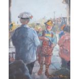 Sheila Turner (b.1941), oil on board, Clown and other figures at a funfair, signed, 35 x 27cm