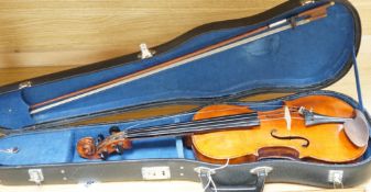 A Stentor violin, cased, 59cms long