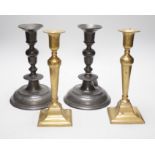 A pair of 18th century continental, possibly German, pewter candlesticks- 24cms high and a pair of