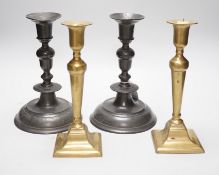 A pair of 18th century continental, possibly German, pewter candlesticks- 24cms high and a pair of