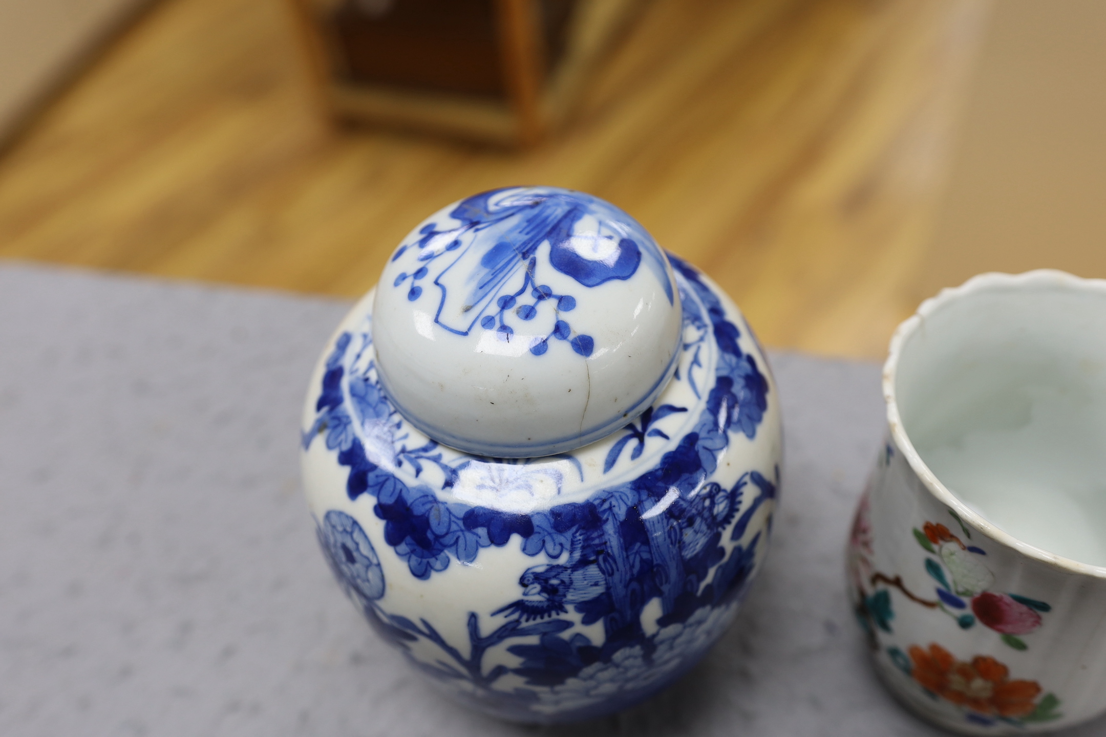 A Chinese blue and white jar and cover, Kangxi mark late 19th century and an 18th century Chinese - Image 5 of 7