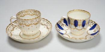 An 18th century Caughley coffee cup and saucer with blue pendants from gilt leafy swags and an