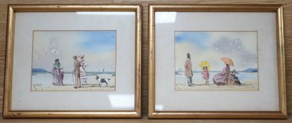 Rod Pearce (b.1942), pair of watercolours, Edwardians on the beach, signed, 13 x 18cm