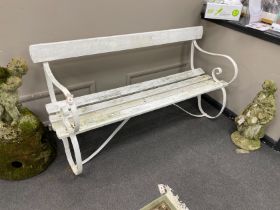 A painted wood and wrought iron slatted garden bench, length 151cm, depth 68cm, height 80cm