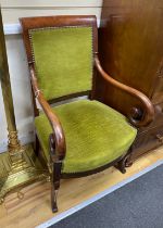 A near pair of 19th century French mahogany elbow chairs, width 54cm, depth 54cm, height 92cm