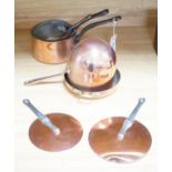 A quantity of copper pans including a zabaglione brass handled pan