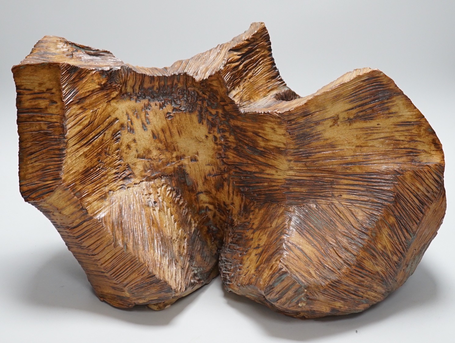 Ruth Sulke - a studio pottery copper-glaze abstract sculpture of a simulated hewn and chisled log,