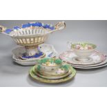 An English porcelain two handled pierced pedestal dish, c.1840 and 19th century English tea and