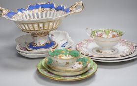 An English porcelain two handled pierced pedestal dish, c.1840 and 19th century English tea and